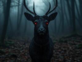 Mystical dark deer with glowing red eyes in a spooky forest photo
