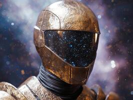 Futuristic space helmet with galaxy reflection photo