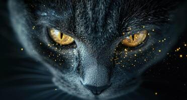 Glowing eyes of a mysterious cat in the dark photo