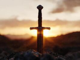 Sword in the stone at sunset photo