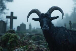 Mysterious goat with horns in a dark and eerie graveyard photo