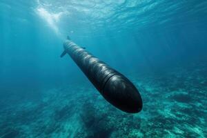 Underwater view of a submarine in the deep blue ocean photo