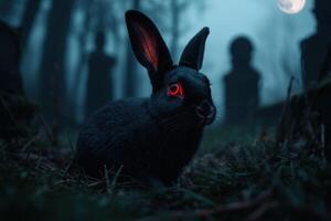 Mysterious black rabbit with glowing red eyes in dark forest photo