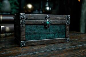 Antique wooden treasure chest with ornate metal accents photo