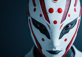 Futuristic robotic face with red and white patterns photo