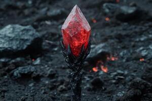 Glowing red crystal emerging from dark rock photo