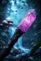 Vibrant amethyst crystal in a mystical forest setting photo