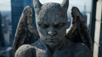 Mysterious stone gargoyle statue with a pensive expression photo