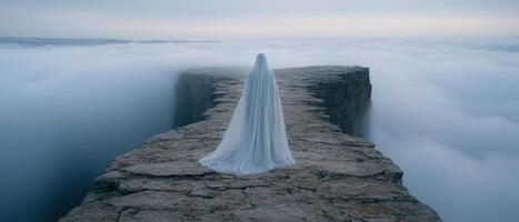 Mysterious figure standing on a cliff overlooking the ocean photo