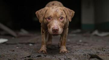 Muddy dog with sad eyes looking at camera photo