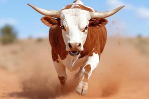 Curious cow with horns in a desert landscape photo