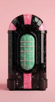 Retro futuristic art deco style decorative cabinet with green glass window photo