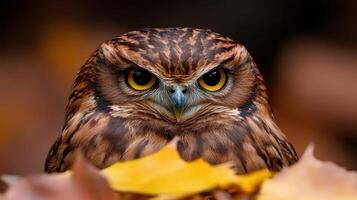 Close up portrait of a fierce owl with intense yellow eyes photo