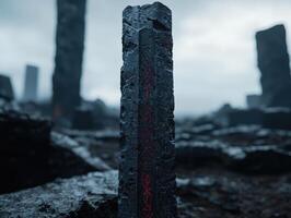 Mysterious rune inscribed monolith in a desolate landscape photo