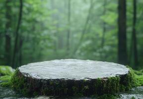 Moss covered tree stump in lush forest photo