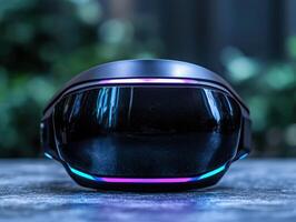Sleek and futuristic motorcycle helmet with glowing lights photo