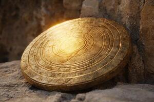 Ancient golden disc with intricate patterns photo