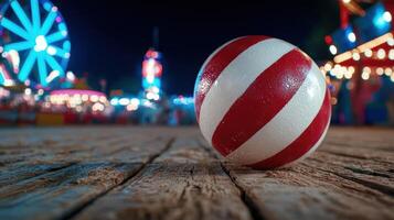 Colorful carnival scene with a red and white striped ball in the foreground photo