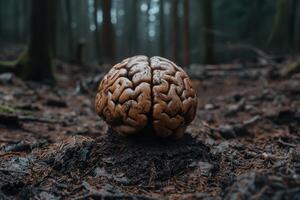 Close up of a human brain model in a forest setting photo