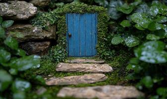 Enchanting fairy door in a lush forest photo