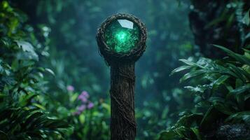 Glowing crystal sphere in enchanted forest photo
