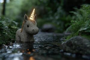 Mystical unicorn in enchanted forest stream photo