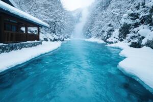 Serene winter wonderland with snow covered trees and a tranquil turquoise pool photo
