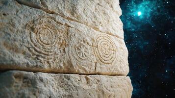 ancient rock carvings under starry night sky photo