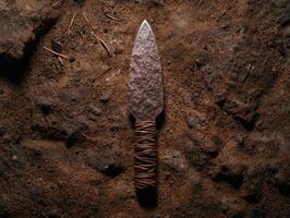 ancient stone tool embedded in dirt photo