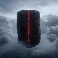 Dramatic floating rock formation with glowing lava crack photo