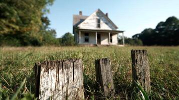 Abandoned farmhouse in rural field photo