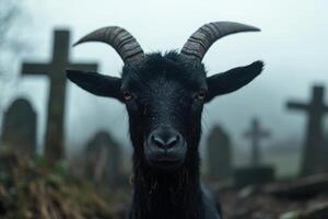 Mysterious black goat with horns in a graveyard photo