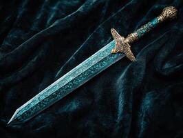 Ornate medieval sword on dark velvet backdrop photo