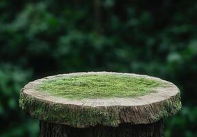 Moss covered tree stump in a lush forest photo