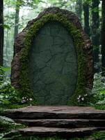Mystical forest archway with moss covered stone frame photo