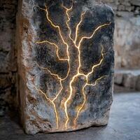 Glowing cracks in a dark stone photo