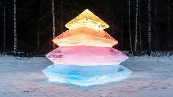 Colorful illuminated ice sculpture in snowy forest photo