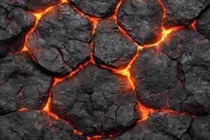Glowing molten lava flowing through cracks in volcanic rock photo