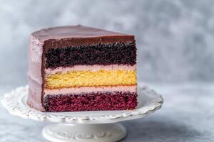 Delicious layered chocolate cake on a white cake stand photo