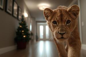 Curious lion cub in cozy home interior photo