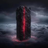 Ominous dark rock formation with glowing red crack photo