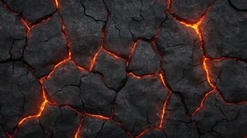Fiery cracks in volcanic rock surface photo