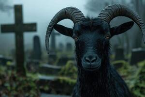 Mysterious dark goat with horns in a graveyard photo
