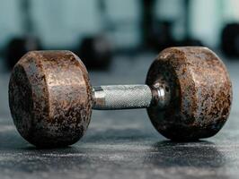Rusty old dumbbells on a dark surface photo