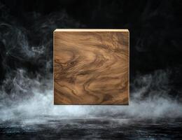 Wooden cube floating in smoky atmosphere photo