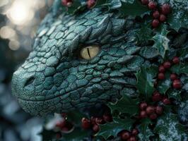 close up of a dragons eye in a winter scene photo