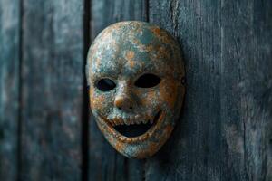 Weathered and rustic mask on wooden surface photo