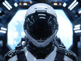 close up view of a futuristic astronaut helmet photo