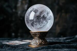 Mystical crystal ball on ornate stand with tarot cards photo