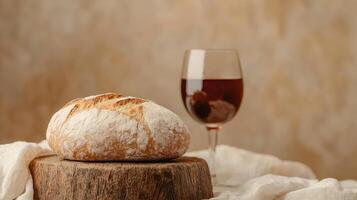 Rustic bread and red wine on wooden table photo